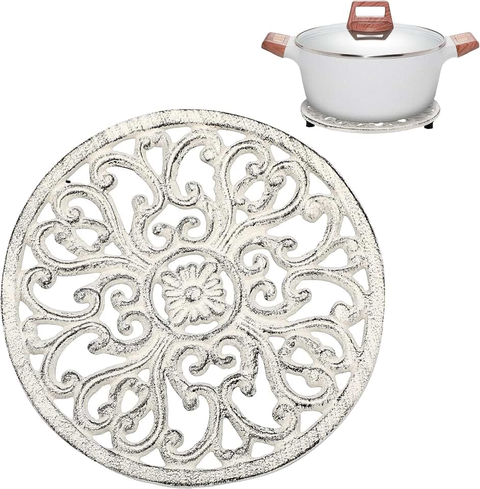 Sumnacon Cast Iron Trivet Retro White 6.7 Inch Iron Trivets with Rubber Feets for Hot Dish Pot Pan Plate Teapot,Heat Resistant Cast Iron Trivet for Kitchen Dining Table Cooktop Stove