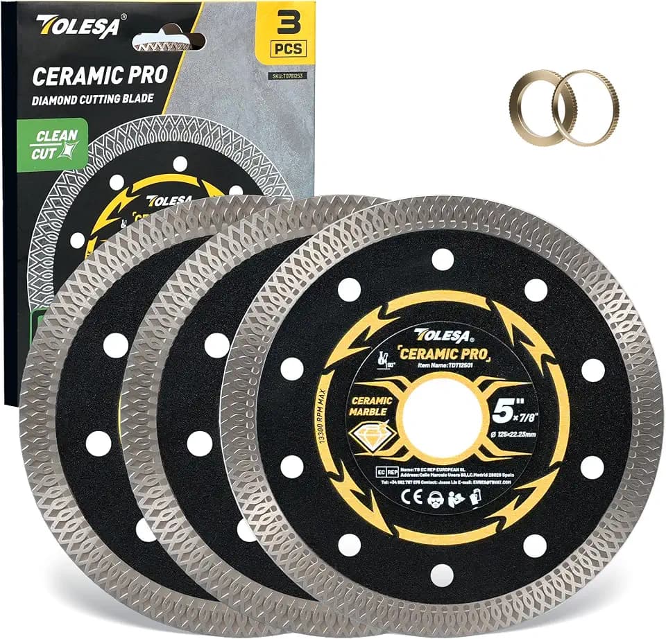 TOLESA 5 Inch Super Thin Diamond Saw Blade, Diamond Saw Blades for Angle Grinder, 5" Tile balde for for Marble and Granite - 7/8" Arbor, 20mm & 16mm Adapter Ring (3-Pack)