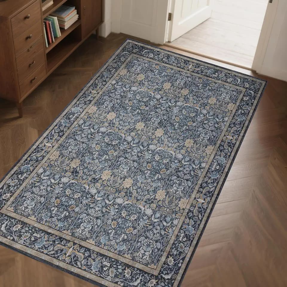 Vintage Botanical Area Rug 3x5: Floral Carpet Non-Slip - Slate Blue
