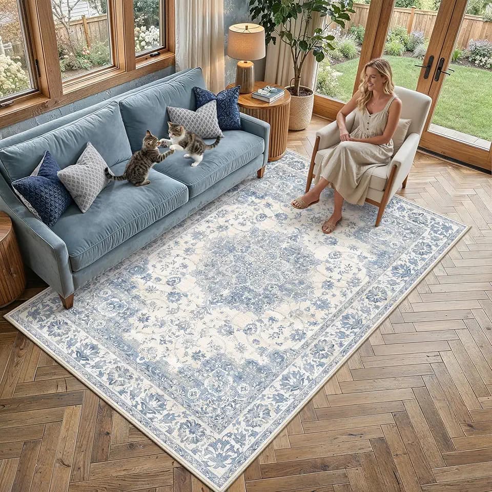 PureCozy Blue Area Rug 5x7 Vintage Oriental Medallion Non-Slip Carpet