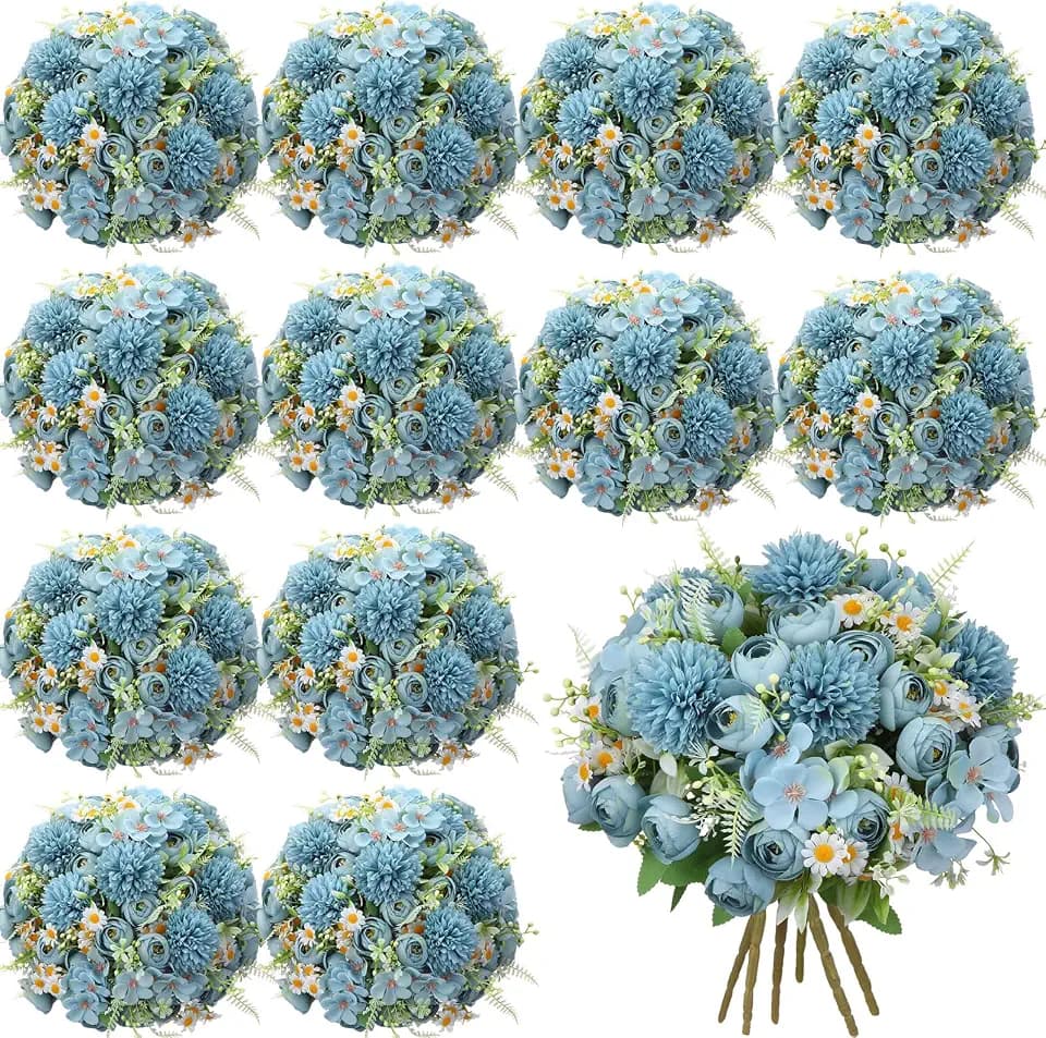 Tigeen 12 Bundles Peonies Artificial Flowers Faux Roses, Mist Blue