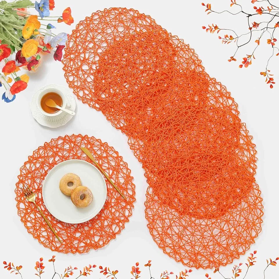 IcosaMro Tangerine Round Placemats Set of 12 for Dining Table, 13 Inches Paper Woven Boho Small Decorative Circle Place Mat for Wedding Christmas Thanksgiving Day Holiday Dinner, Orange