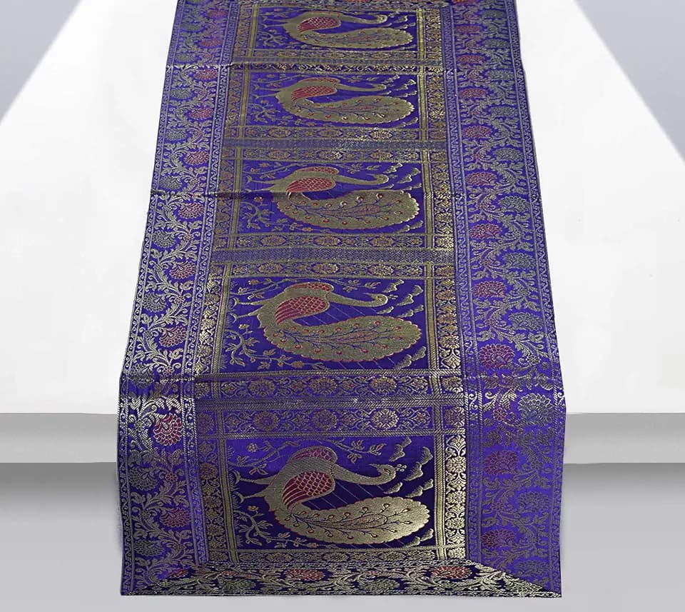 Indian Handmade Peacock Design Table Runner.Traditional Decorative Ethnic Kitchen Table Cloth for Wedding Bridal Birthday Party Decorations. 60 X 16 Inch Blue Color