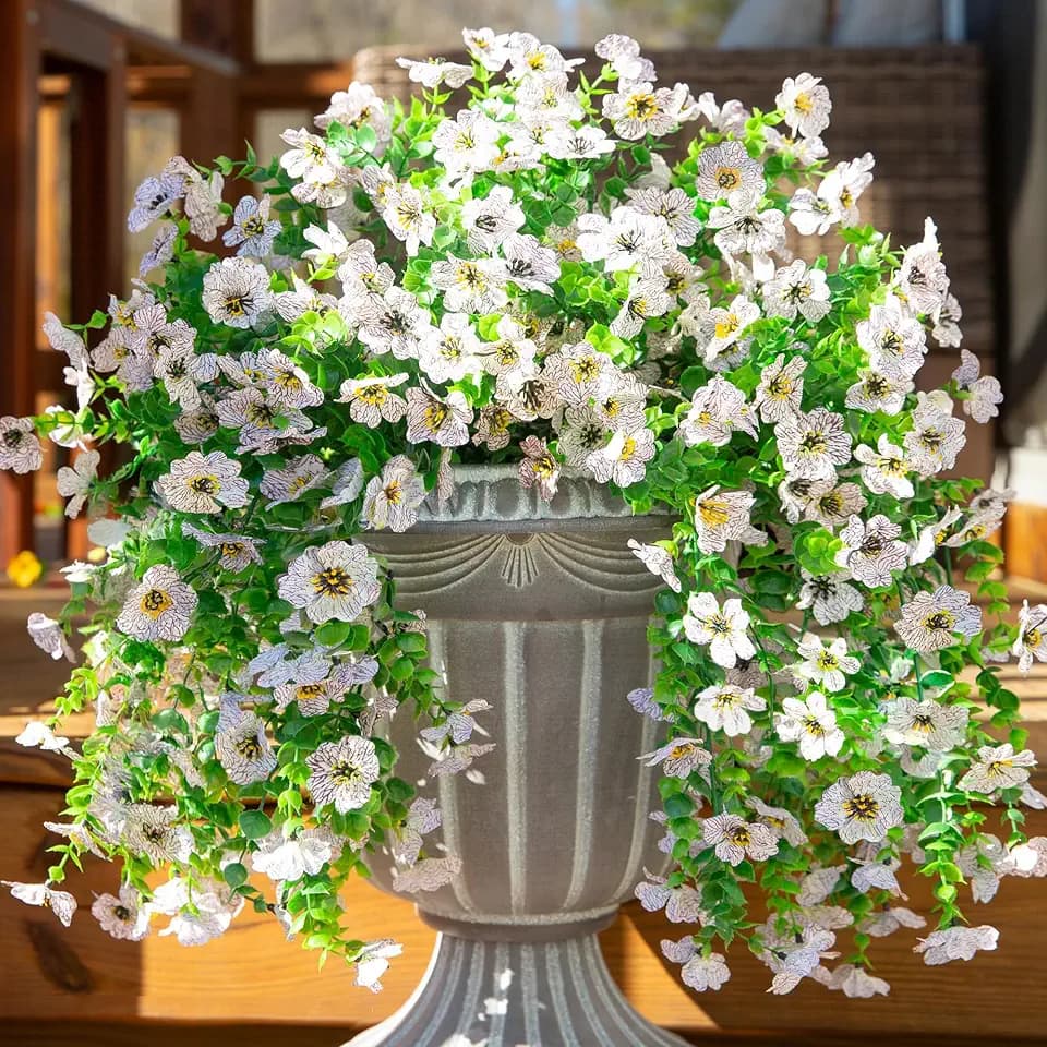 HyeFlora Artificial Flowers for Outdoors Fake Hanging Decoration, 2Pcs White Spring Summer Decor, Realistic Plants, UV & Fading Resistant Silk Flower for Porch Patio Balcony Planter Yard Home Garden