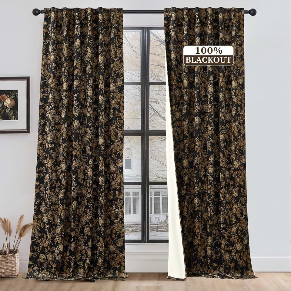 StangH Gold 100% Blackout Retro Floral Velvet Curtains 96 Inch 2 Panels