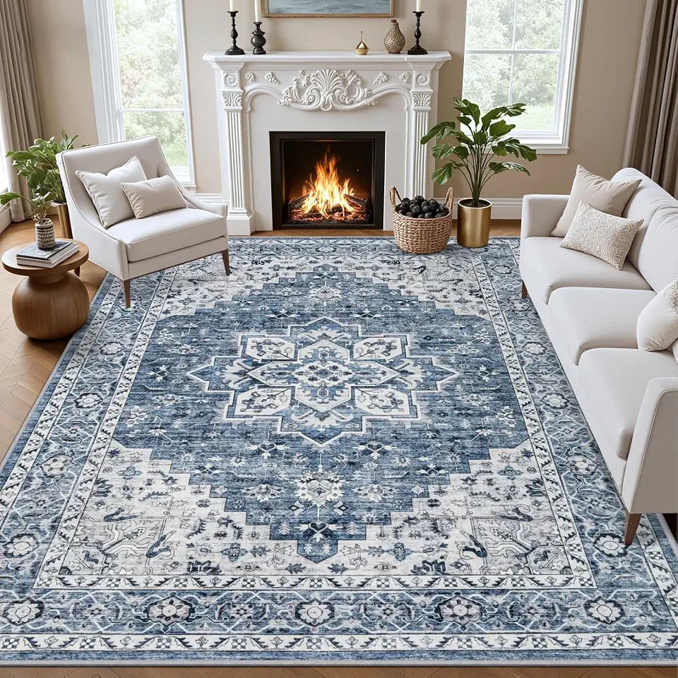 5x7 Area Rugs Living Room: Washable Vintage Rug for Bedroom Blue