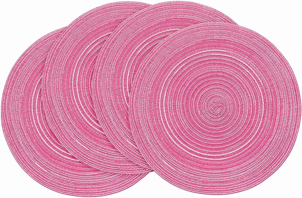 Floroom 15 Inch Round Braided Placemats Set of 4, Washable Heat Resistant Cotton Polyester Circle Place Mats for Kitchen Dining Table - Berry Pink