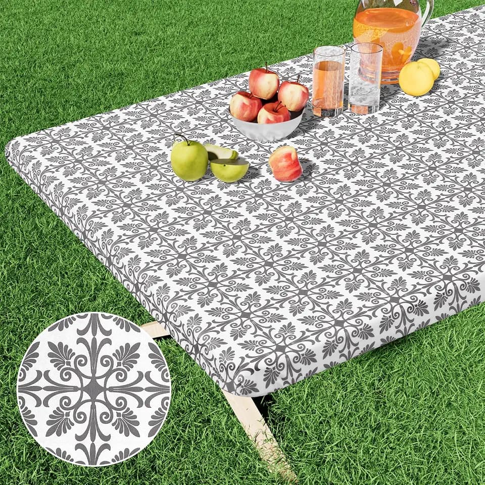 misaya Rectangle Vinyl Table Cloth, Elastic Fitted Flannel Backed Tablecloth, 100% Waterproof Plastic Table Cover Fits 6 Foot Folding Tables for Picnic, Camping, Outdoor (Grey, 30" x 72")
