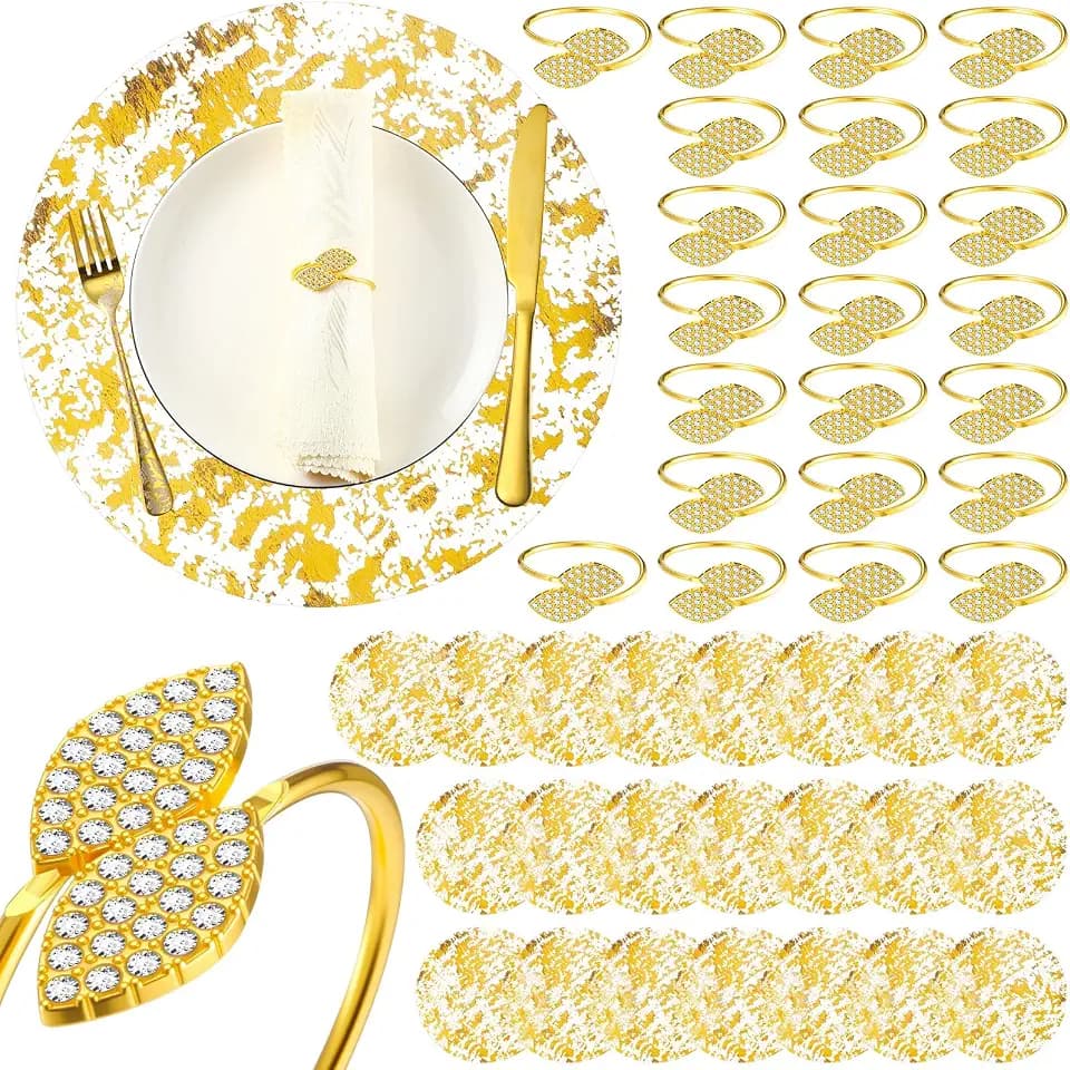100 Pcs Gold Placemats and Napkin Rings Bulk for Wedding Reception, 13" Disposable Round Gold Placemat Sequin Doilies Metal Leaf Napkin Ring for Wedding Party, Bridal Shower Table Decor
