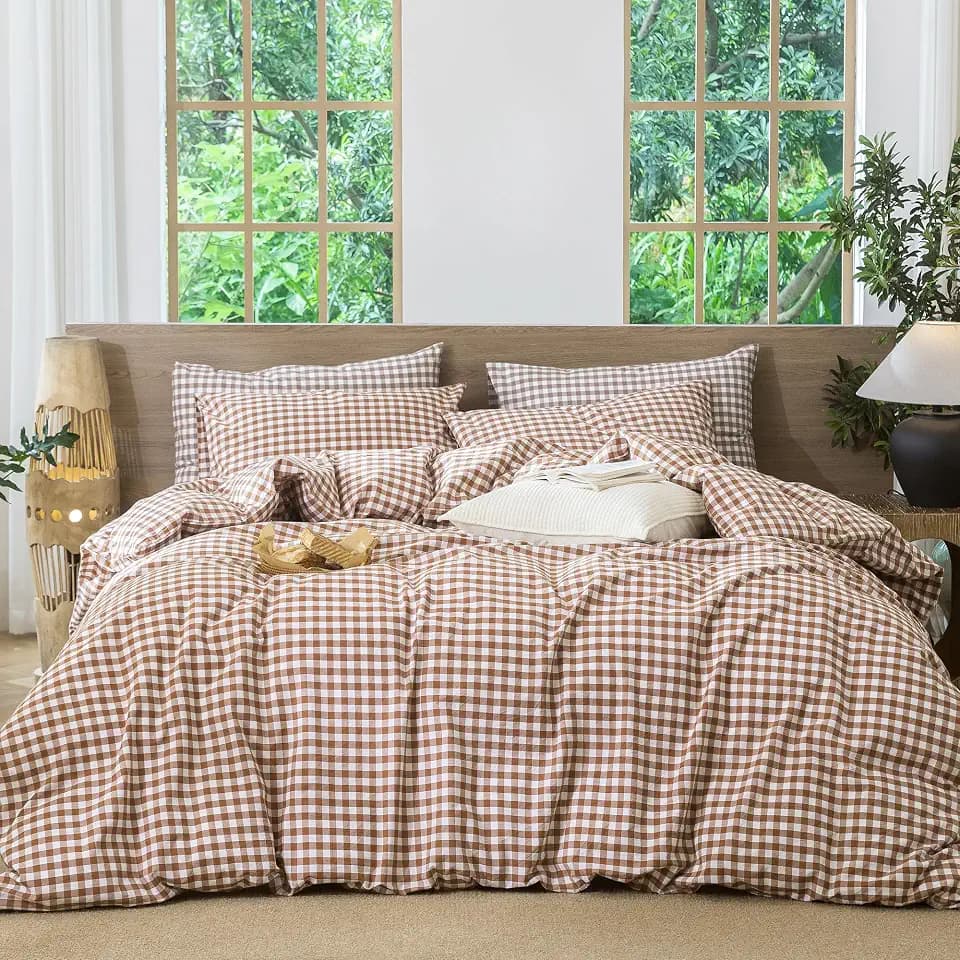 MooMee Gingham Duvet Cover Set 100% Washed Cotton Linen Like Twin