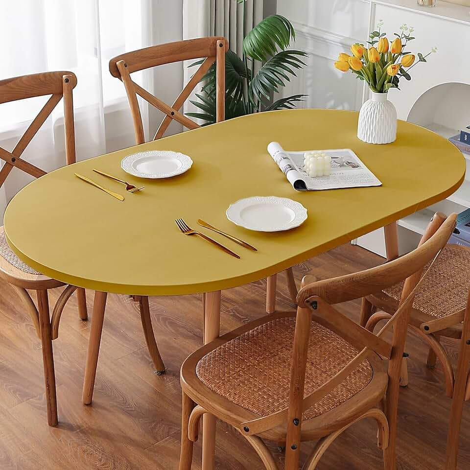 Fitted Spandex Oval Tablecloth, Soft Skin Friendly Non Pilling Breathable Fabric Table Cover with Elastic Band for Dining Gathering Party Banquet Decoration 42 x 72 Inch Yellow
