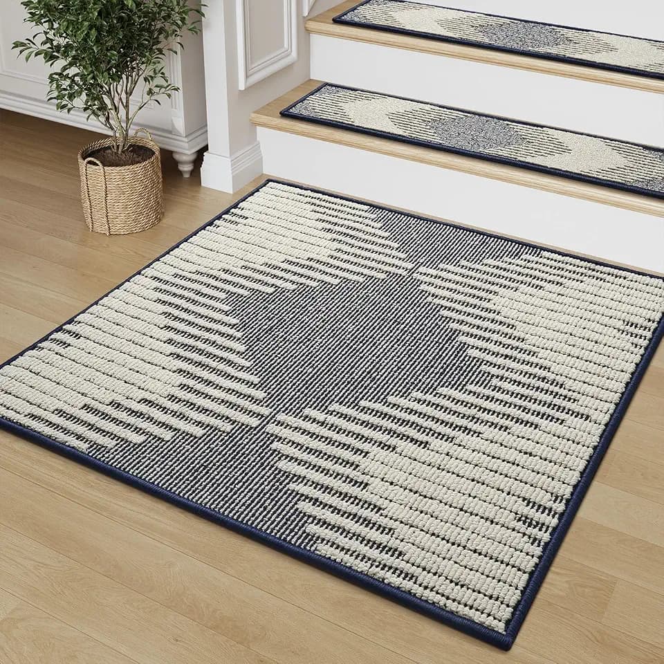 PADOOR Stair Treads Landing Mat Non Slip for Wooden Steps Indoor, 3D Peel and Stick Stair-Carpet Treads Washable Reusable Adhesive Stair Rugs for Kids and Dogs 31"x31" Blue