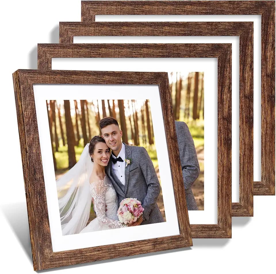 Hongkee 12x12 Picture Frame Set of 4, Real Glass and Wood Frame, 10x10 Mat