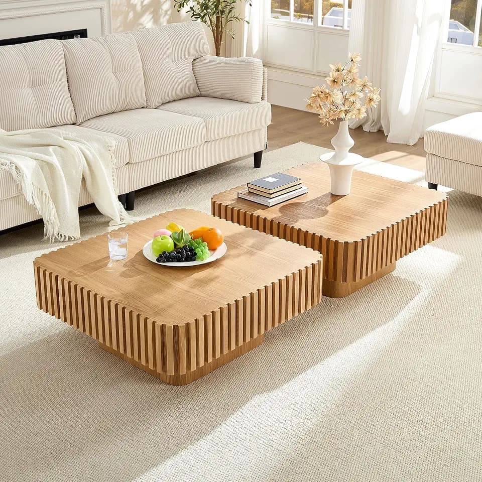KEIKI Modern Style Handcraft Drum MDF Coffee Table Set of 2, Square Solid Wooden Relief Coffee Table with Sturdy MDF Pedestal, Easy Assembly, for Living Room, Bedroom, Reception Room, Natural Ash