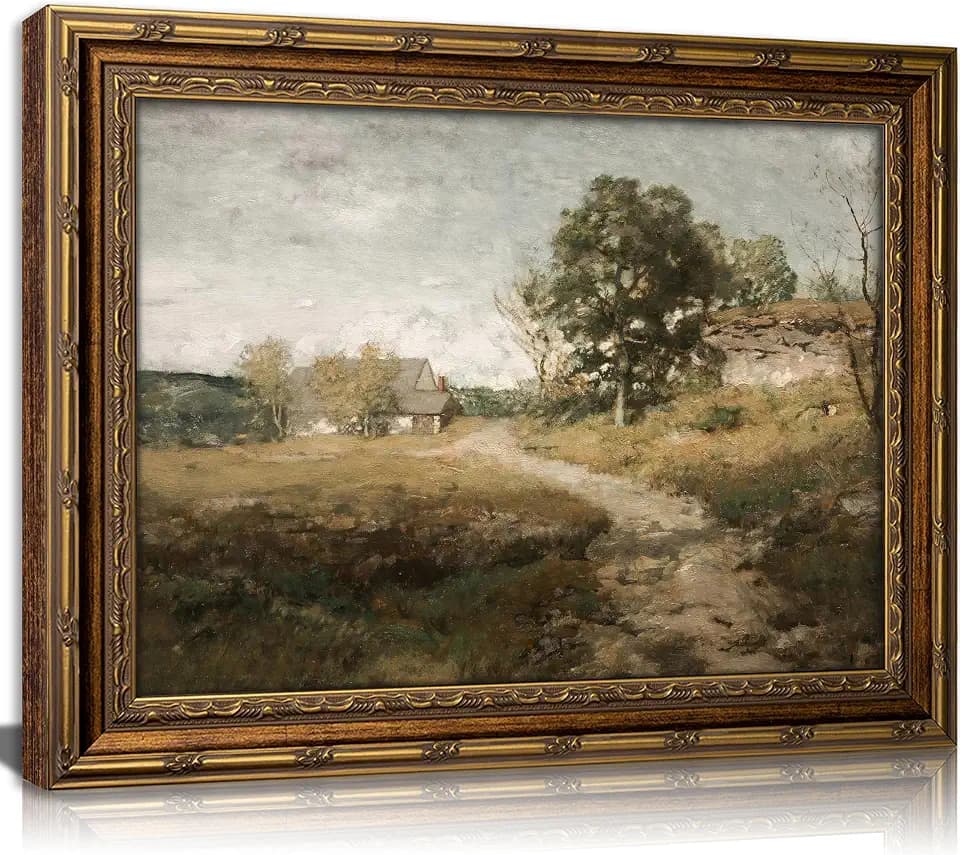 Vintage Gold Framed Landscape Wall Art, Rustic Cottage Oil Canvas Painting Print, Classical Country Road Wall Decor, Retro Rustic Farmhouse Wall Decor,for Living Room Bedroom Office Farmhouse, 16x24in