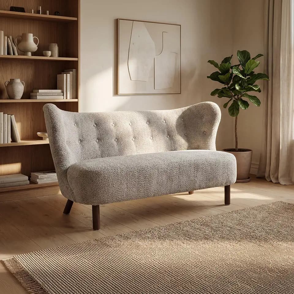 GDFStudio 58 inches Wingback Loveseat, Cozy Chenille Upholstered 2-Seater Sofa, Modern Living Room Armless Sofa, Soft Cushion Seating with Curved Backrest, Button Detail, Wood Legs (Camel Brown)