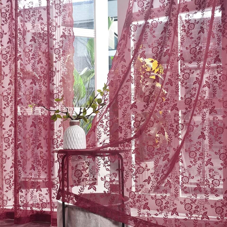 FINECITY Burgundy Lace Curtains for Rustic Leaf Floral 52x63 Inch, 2 Panels