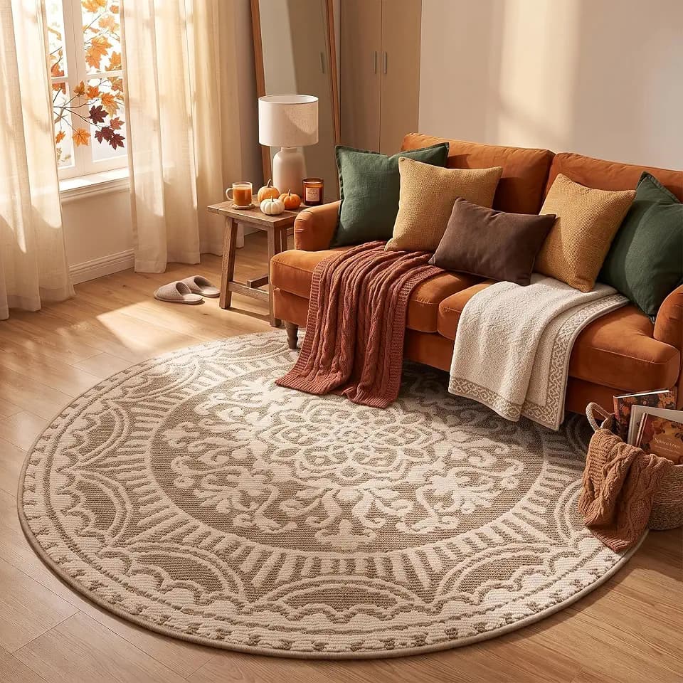 U'Artlines 4ft Round Area Rug Non Slip Low Pile Floor Carpet Beige