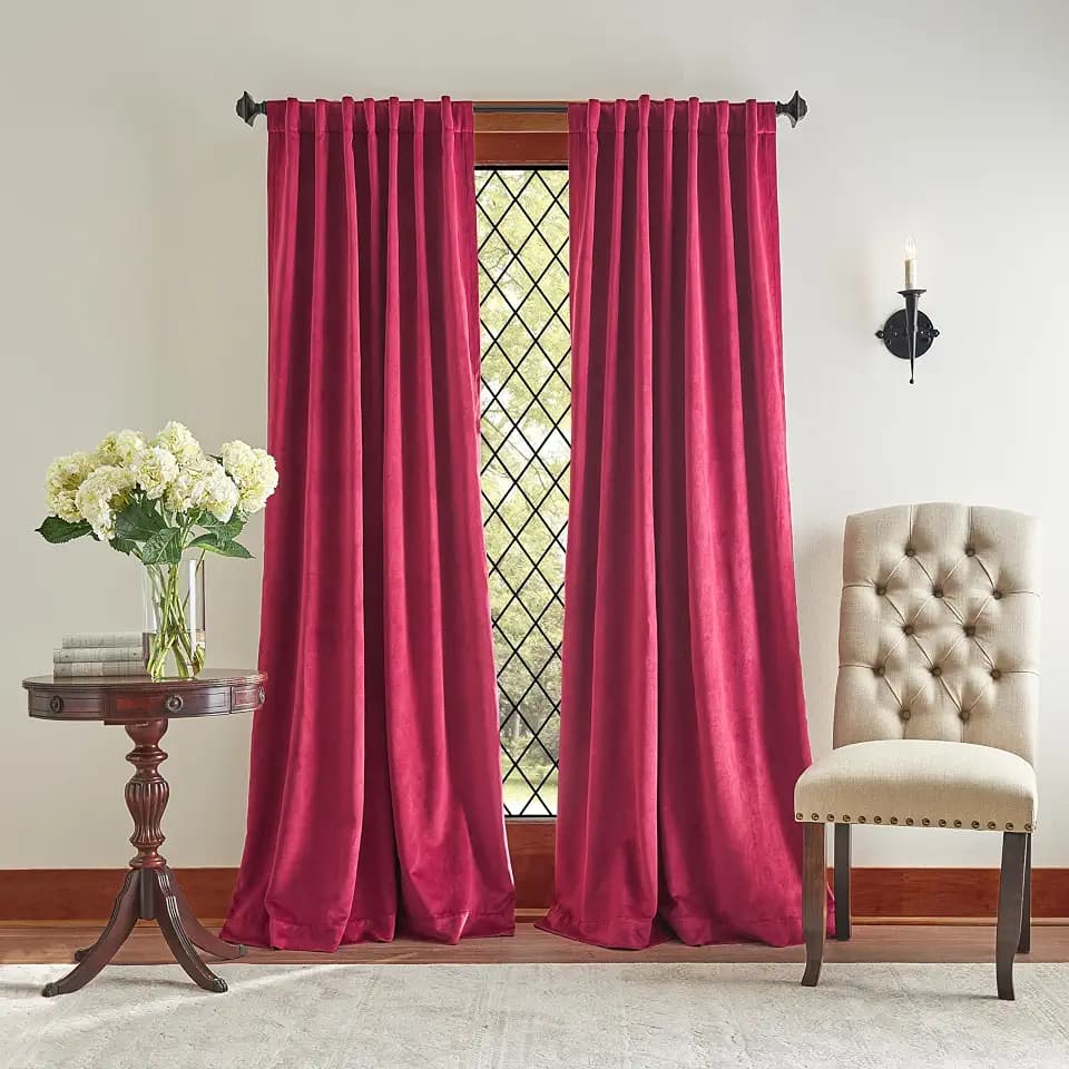 Martha Stewart Lucca Velvet Blackout Back Tab Window Curtain Panel Pair, 95", Pomegranate Red