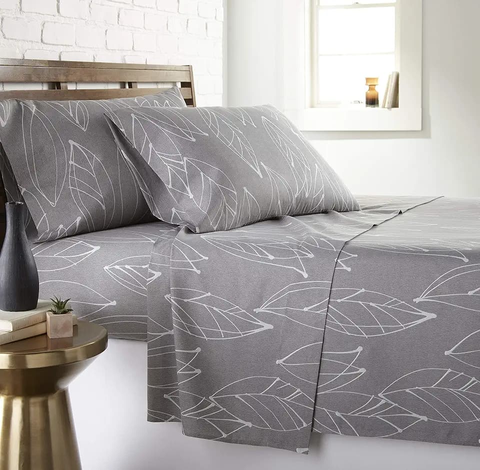 15 Inch Deep Pocket Printed Sheets Set Queen Size Botanical Soft White-Grey