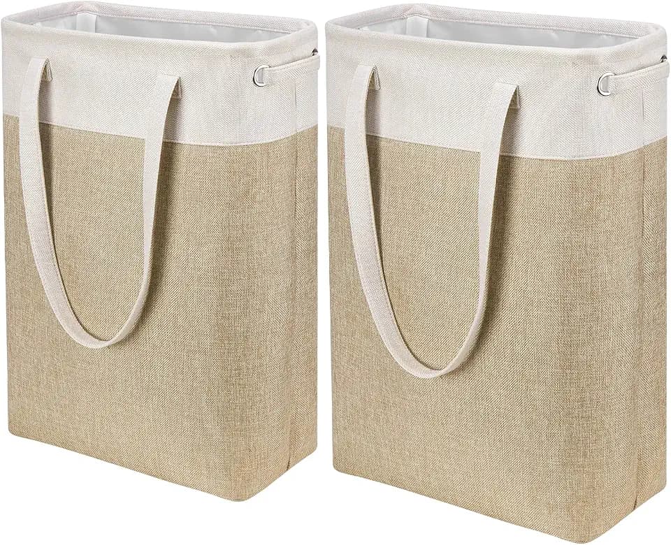 Laundry Hampers 15.2Lx7.5Wx23H Small&Tall Slim Fabric Laundry Baskets Thin Narrow Beige+Khaki Compact Hamper Capacity 43L for Space-Saving,QY-SC24-2