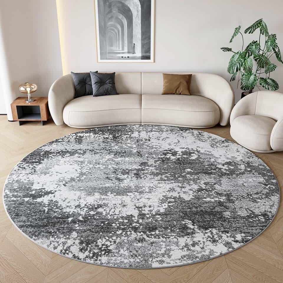 Round Area Rugs 6ft Washable Grey Circle Rug for Entryway Kitchen, Non Slip Soft Low Pile Stain Resistant, Boho Circular Carpet for Living Room Bedroom Dorm Dining Room Table, Abstract Gray