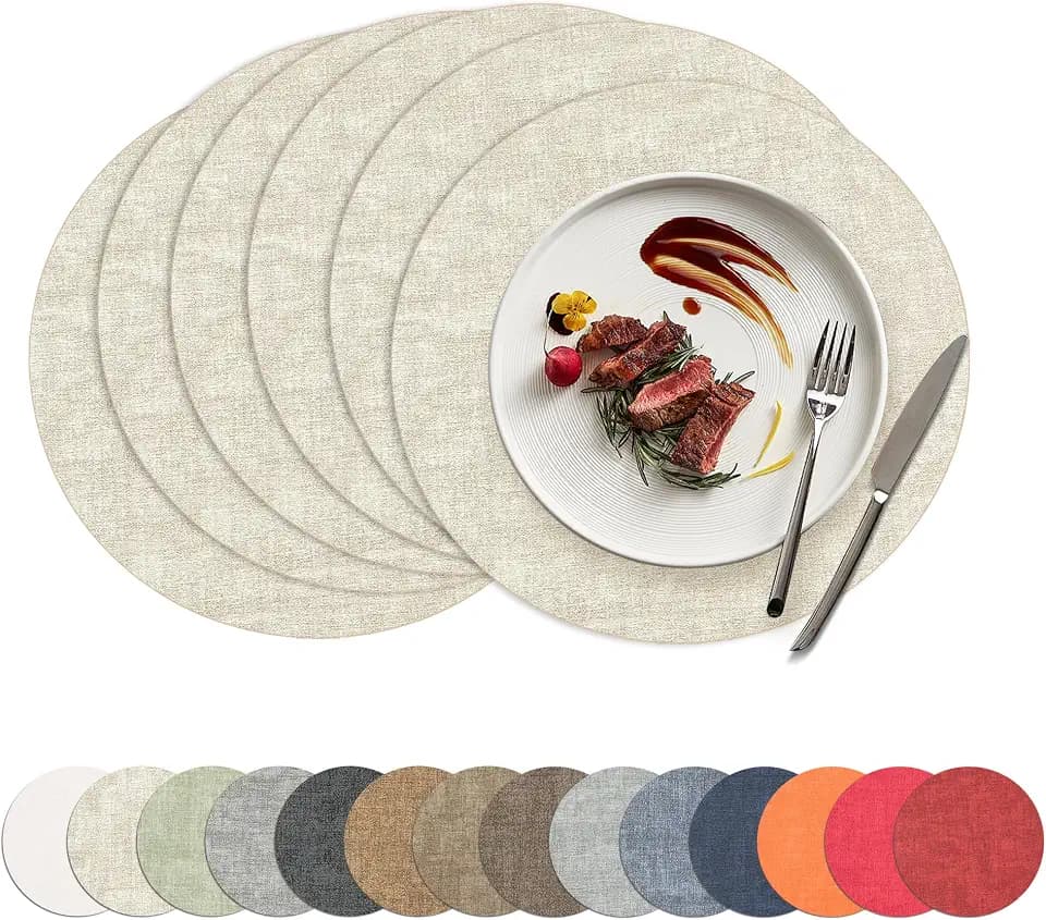 Placemats Set of 6, 15 Inch Round Faux Leather Place Mats