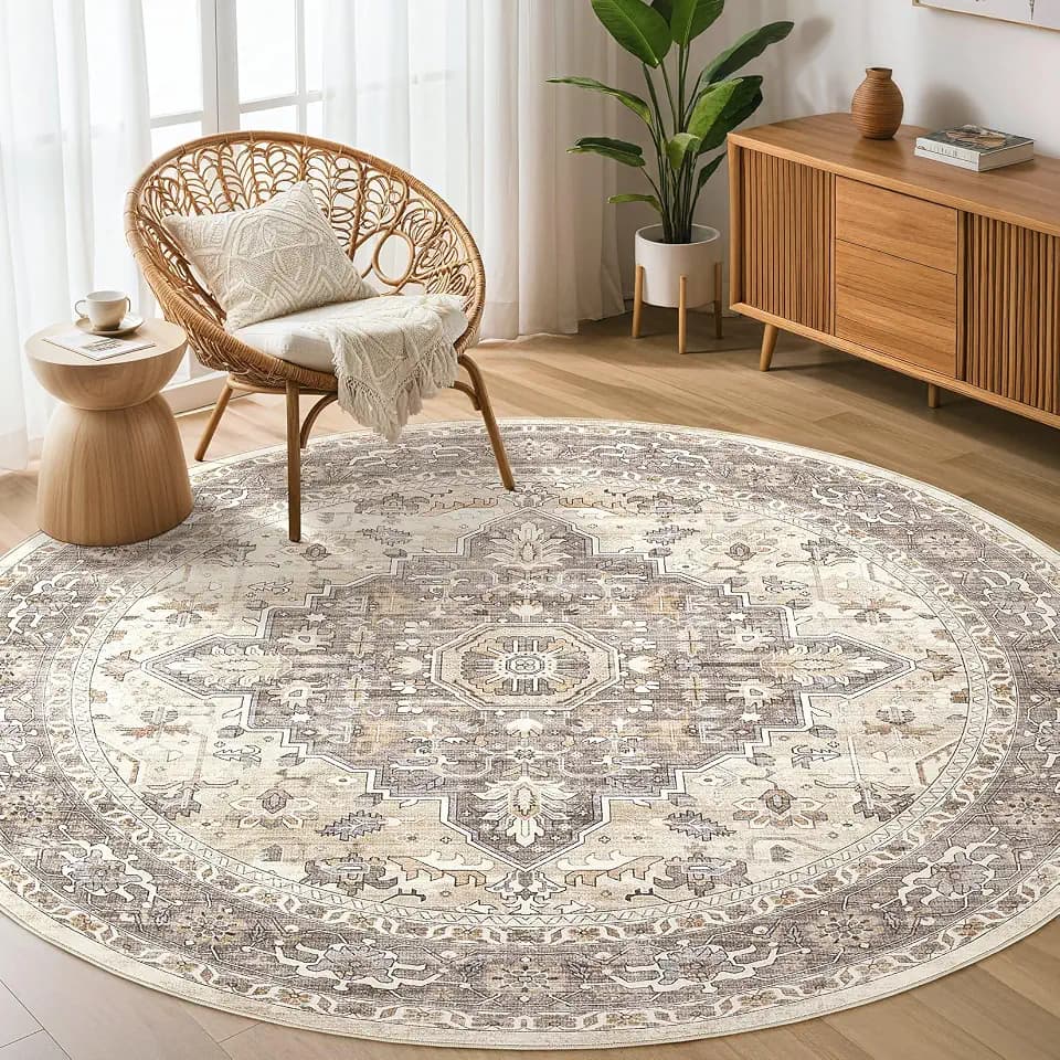LOONGRUG Round Rug 4x4 Washable Vintage Boho Living Room Rug Beige Brown