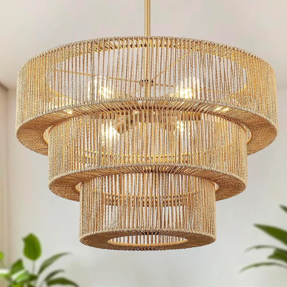 25.19" Boho Hand Woven Rattan Chandelier Light Fixture, 6-Lights, Large