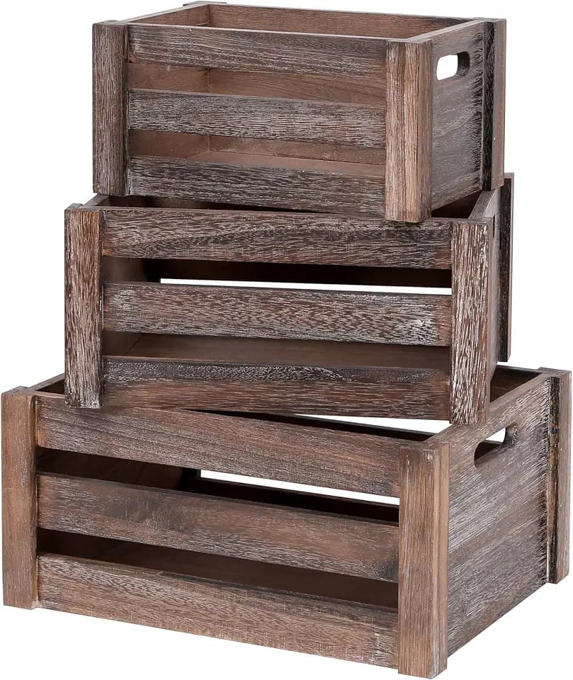 Set of 3 Nesting Wooden Crates, Small Rustic Farmhouse Wood Storage Boxes with Handles, Stackable Compact Organizer Bins for Kitchen Bathroom Bedroom Decor, 3 Sizes & 3 Colors (White, Brown, Black)