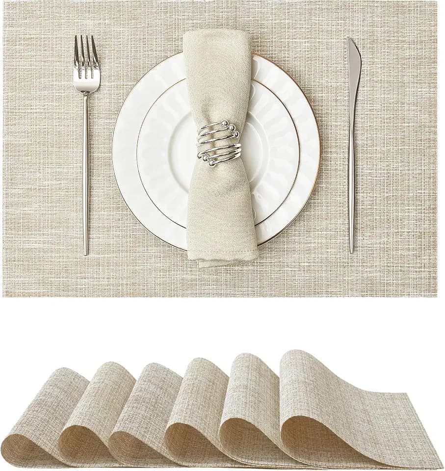 Woven Vinyl Placemats Set of 6,Beige and Gold
