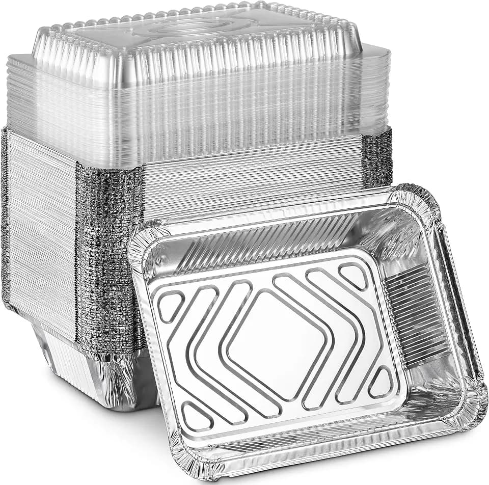 MontoPack Disposable Takeout Pans with Clear Lids | 2lb Capacity Aluminum Foil Food Containers with Strong Seal for Freshness & Spill Resistance | Eco-Friendly & Recyclable | 50-Pack 8x5.5” Drip Pans