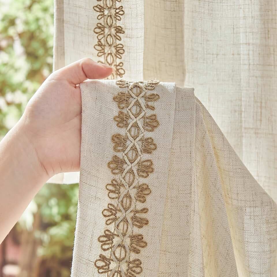 jinchan Beige Linen Curtains with Woven Trim Back Tab 50 x 90 Inch 2 Panels