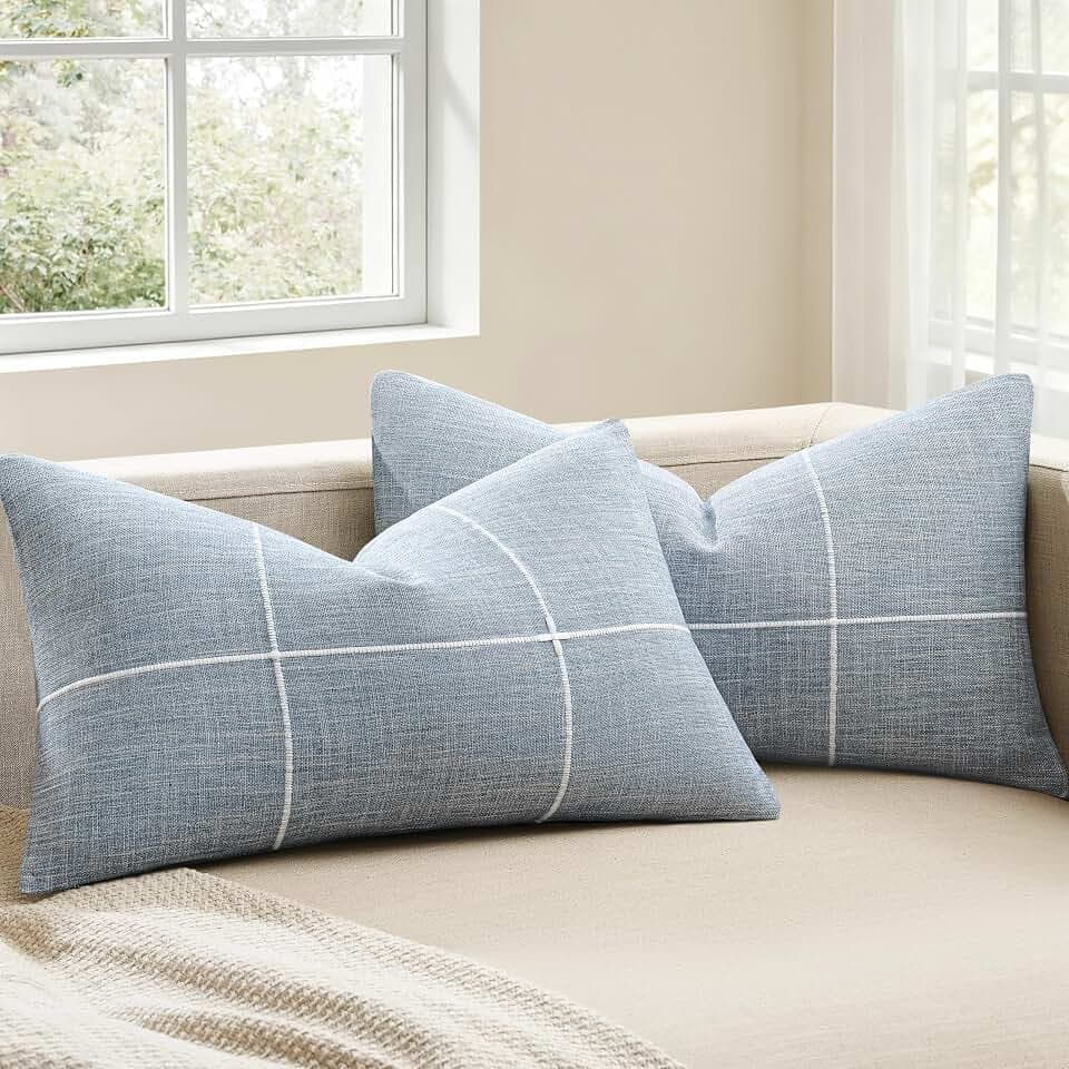 2 Packs Grid Embroidery Lumbar Pillow Covers 12x20in Blue