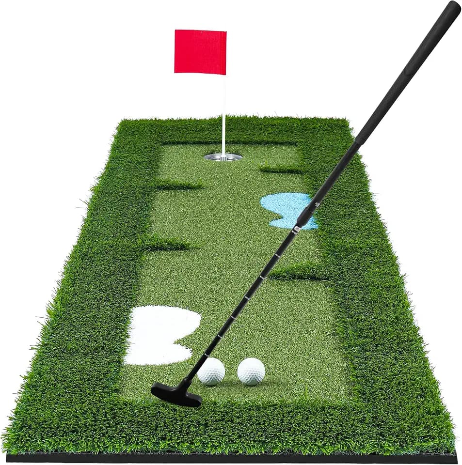 Putting Green Indoor for Golf Putting Practice – Indoor & Outdoor Golf Putting Mat with Adjustable Putter & 2 Golf Balls, Realistic Turf Golf Putting Mat for Home, Office & Training