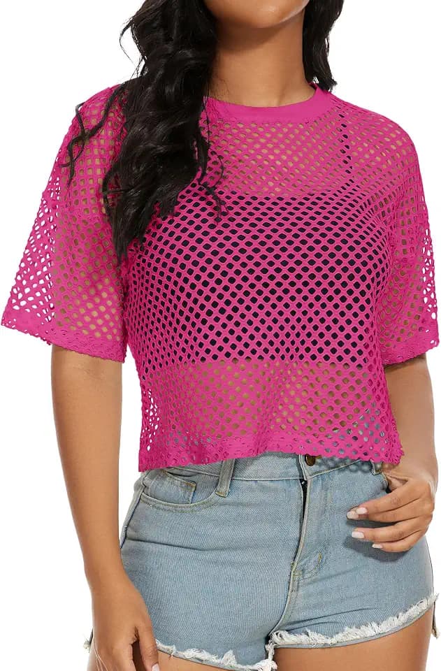 Women's Mesh Fishnet Top Short Sleeves Sheer T Shirts See Through Cover Up