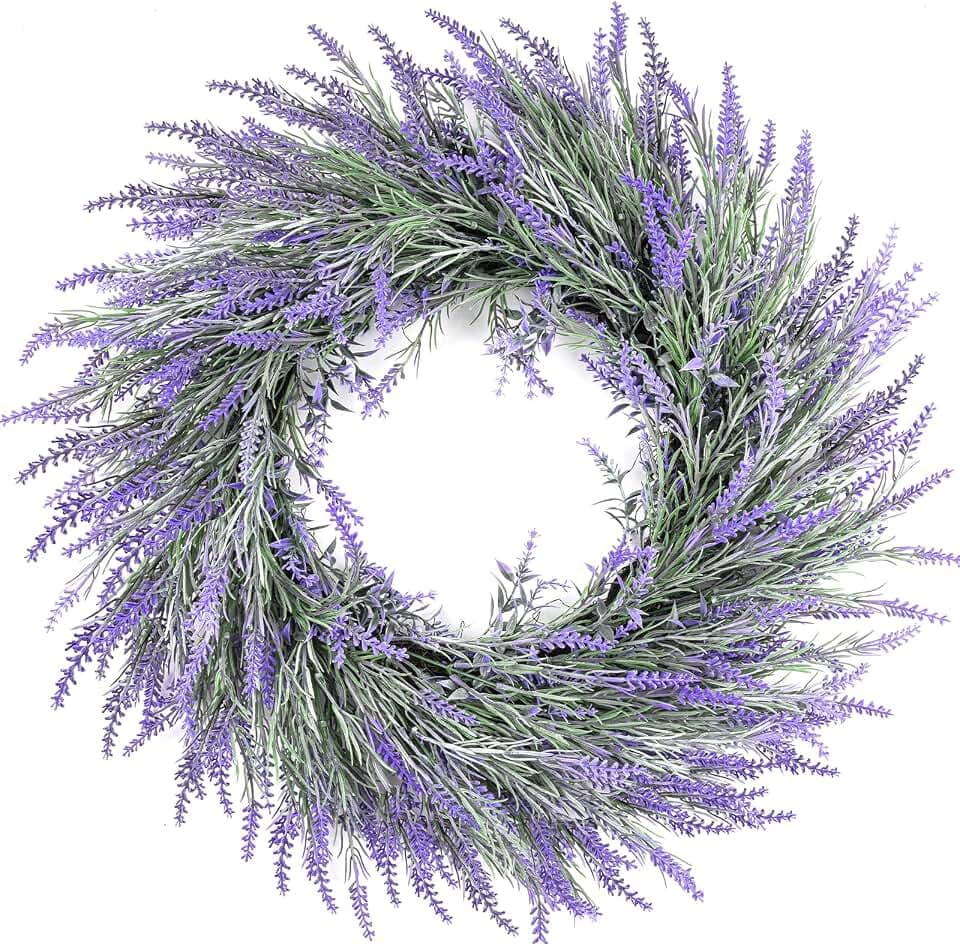 HUZIYAHAN Spring Summer Lavender Door Wreath 21Inch Front Door Wreath All Seasons Wreaths Purple Artificial Lavender Wreaths for Outdoor Outside Indoor Window Home Rustic Farmhouse Decorations