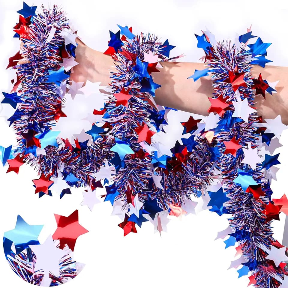 50 Feet Patriotic Tinsel Garland 4th of July Decorations, Red White Blue Star Tinsel Garlands Metallic Glitter Garland for Fourth of July Independence Day Memorial Day Decor Outdoor Indoor Home Party