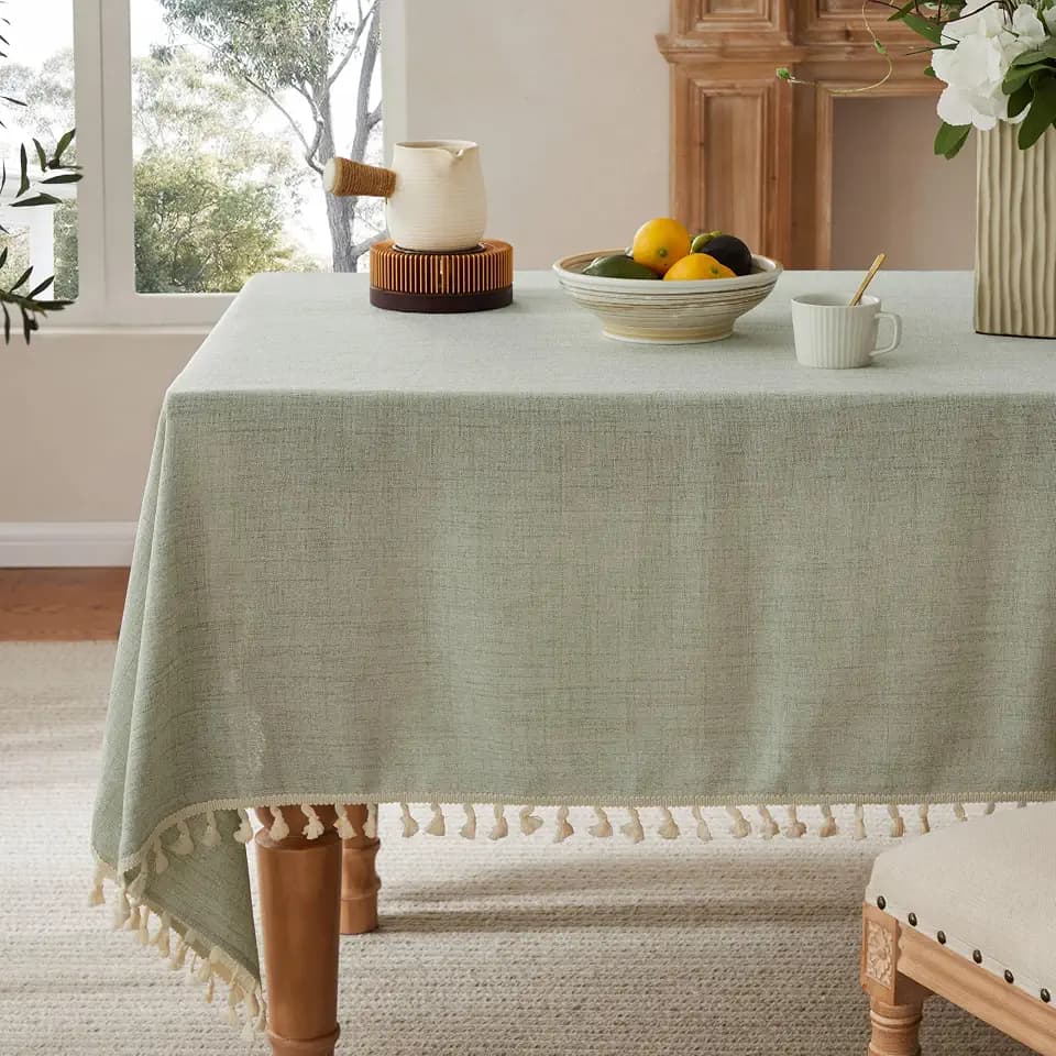 Tassel Linen Square Table Cloth, Sage Green 60x60 Inch