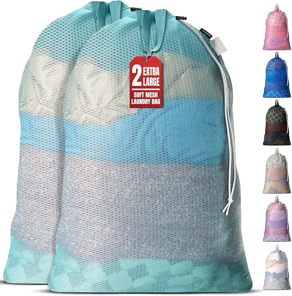 Handy Laundry Mesh XL Laundry Bag 24"x36" 2-Pack with Shoulder Strap, Teal