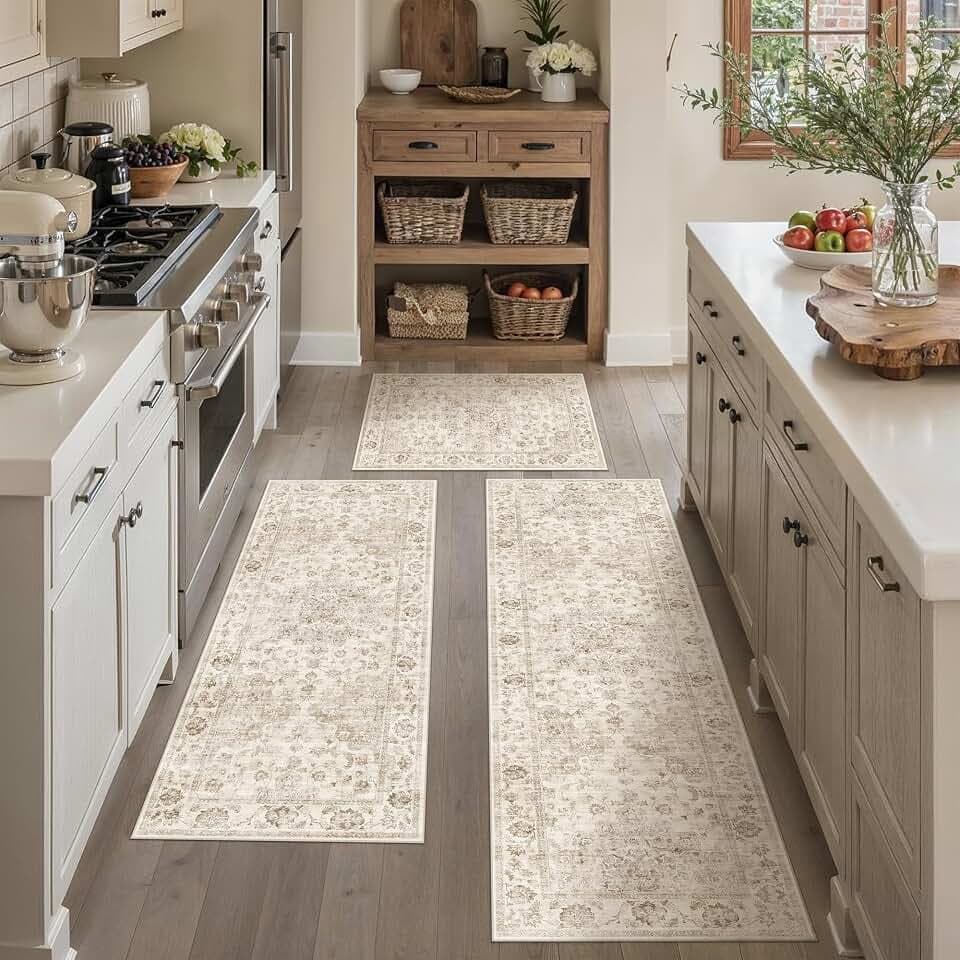 Washable Neutral Beige Kitchen Runner Rug Set of 3