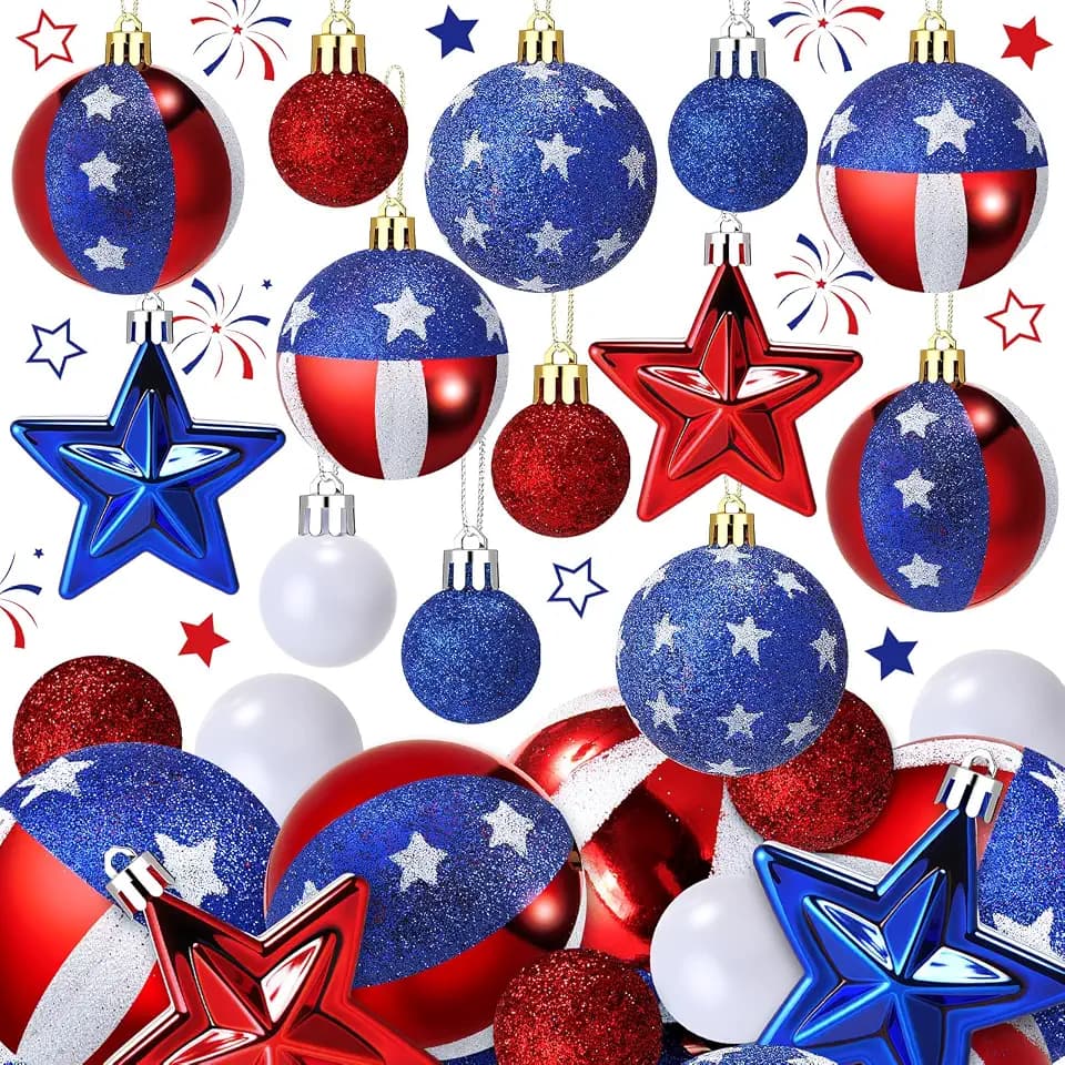 42 Pcs 4th of July Ornaments Patriotic Hanging Balls Red White Blue Ball Star Ornaments Independence Day American Flag Tree Decorations 250th Anniversary Decorations for Tree Home Party