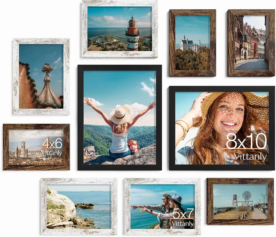 Vittanly 10 Pack Gallery Wall Frame Set, Black, Brown, Distressed White