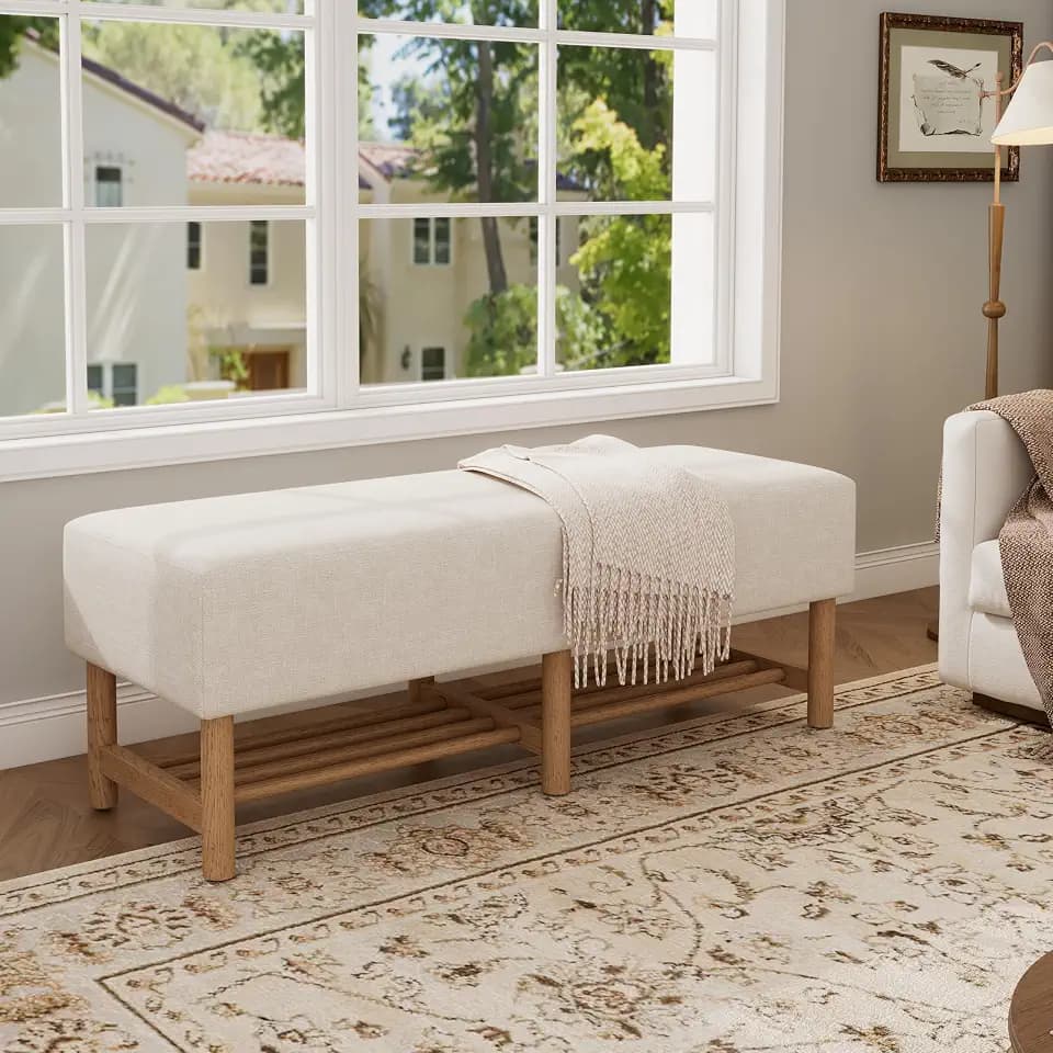 Christopher Knight Home Misty Modern Upholstered Entryway Bench, Solid Wood Storage Ottoman Bench, 2-Tier Shoe Bench with Shelf, Ottoman End of Bed Bench for Bedroom, Beige+Natural