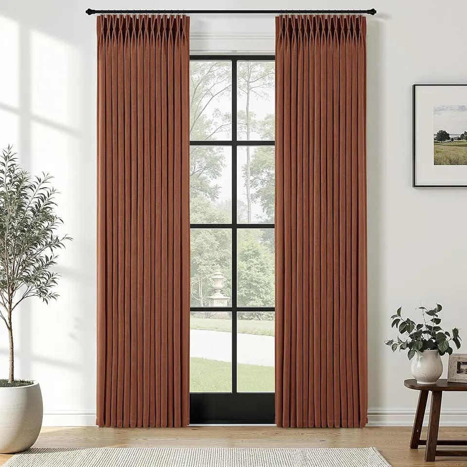 Terracotta Linen Pinch Pleat Curtains 84 Inches Long 2 Panels Semi Sheer
