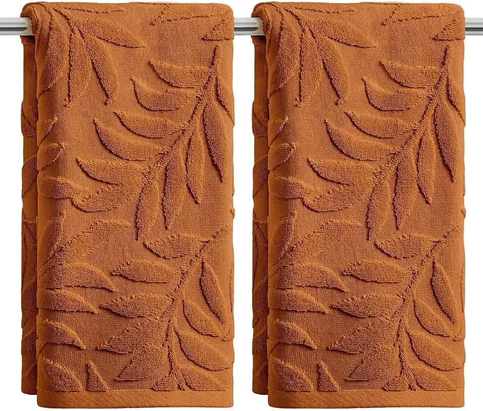 Artoid Mode 2 Pcs Caramel 3D Leaves Jacquard Hand Towels for Bathroom, 100% Cotton Soft Absorbent Bathroom Decor Towels, 13.7 x 29.5 Inch