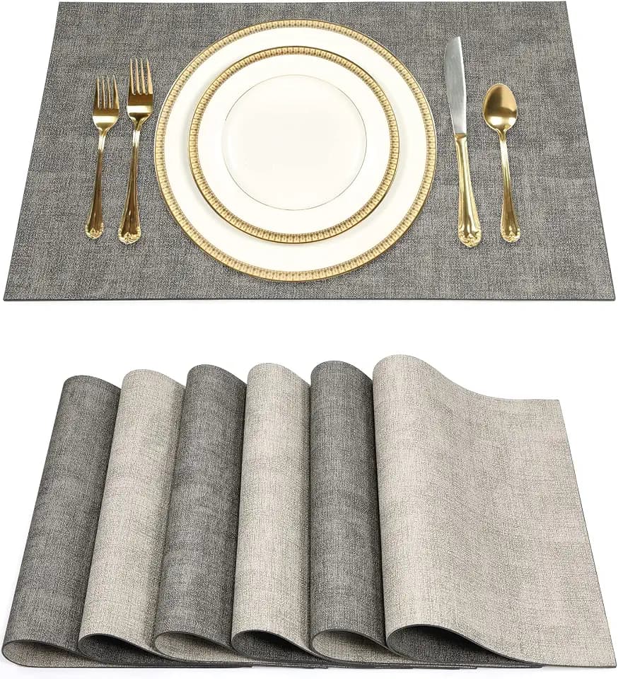 SUEH DESIGN Leather Placemats Table Mats Set of 6, Light Grey & Smoky Grey