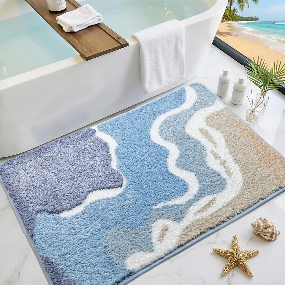 Blue Bathroom Rugs Cute Fluffy Plush Microfiber Absorbent
