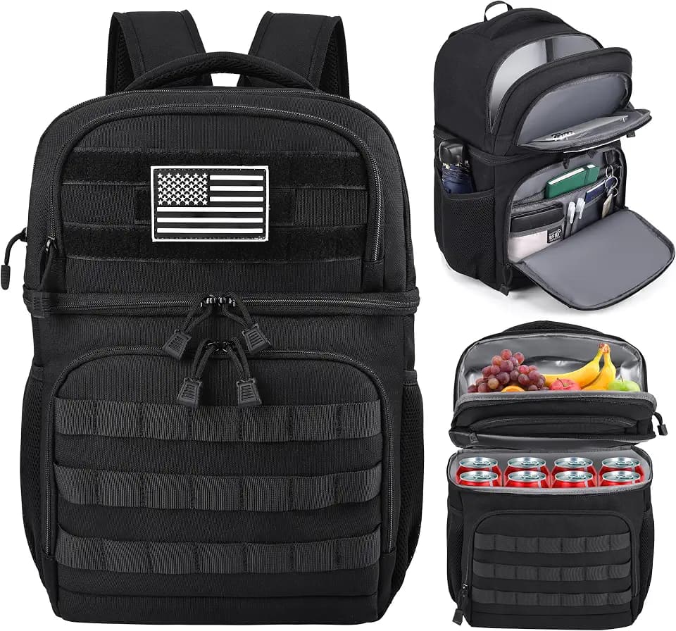 MOZETO Lunch Backpack for Men, Tactical Inspired Double Deck Cooler Backpack Insulated Leakproof RFID Lunchbox for Work (Black)