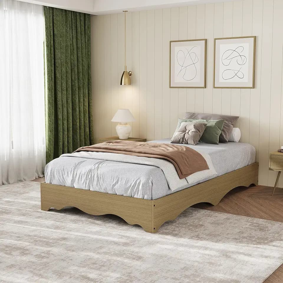 IDEALHOUSE Twin Bed Frame, Wood Platform Bed with Wave Design, Low Bed Frame Without Headboard, Minimalist Bed Base with Noise-Free, Easy Assembly, No Box Spring Needed